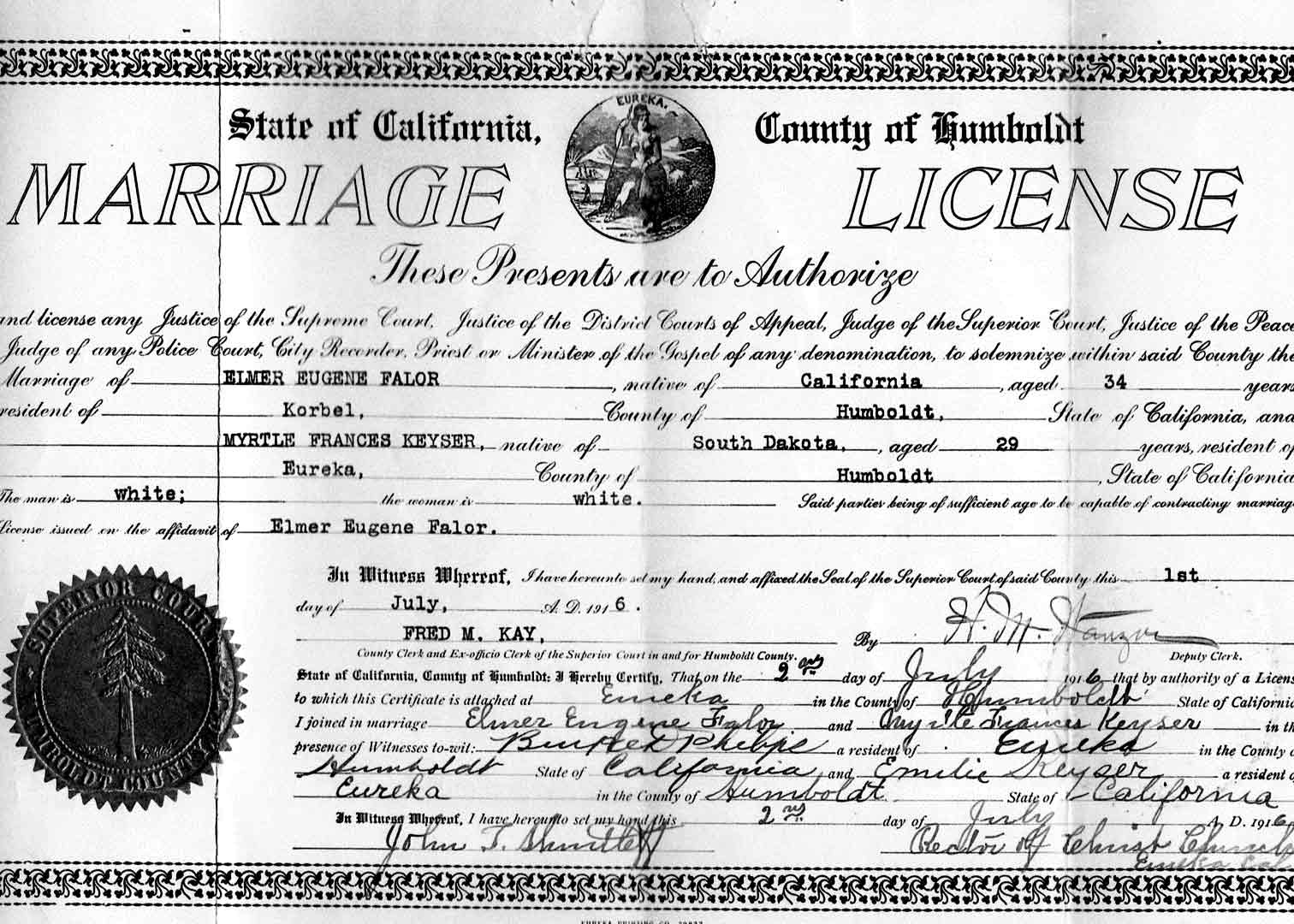 Elmer Eugen Falor and Myrtle Frances Keyser's marriage certificate from July 1916.