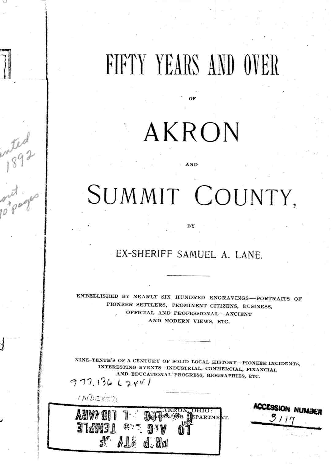 Cover page of "Fifty Years and Over, Akron and Summit County", by Ex-Sherriff Samuel A. Lane.