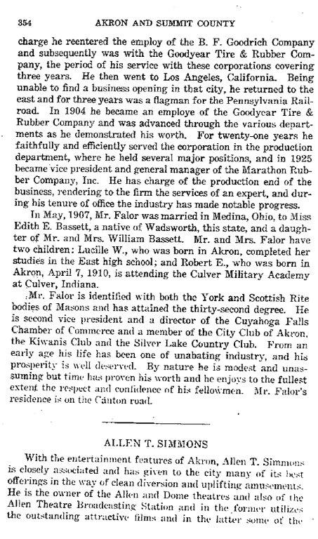 "Fifty Years and Over, Akron and Summit County", by Ex-Sherriff Samuel A. Lane. Page 354, extensively discussing Clarence E. Falor