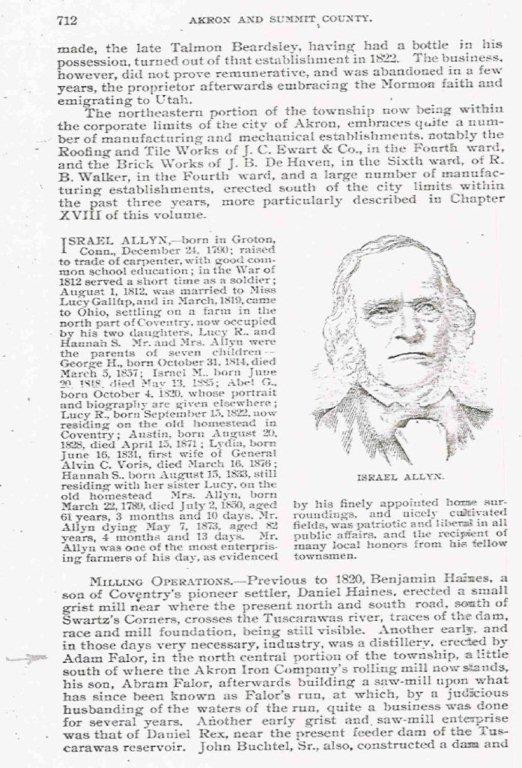 "Fifty Years and Over, Akron and Summit County", by Ex-Sherriff Samuel A. Lane, Page 712, discussing Isreal Allyn and a bit on Adam Falor.