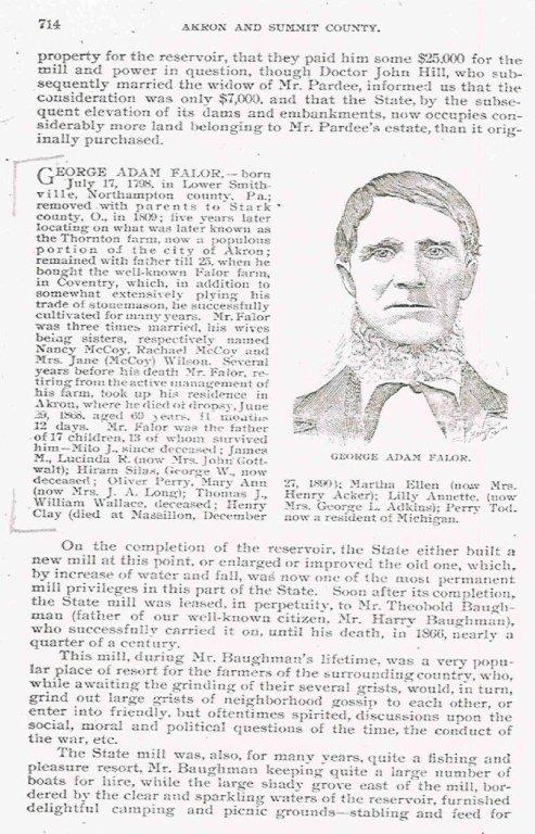 "Fifty Years and Over, Akron and Summit County", by Ex-Sherriff Samuel A. Lane, Page 714, discussing George Adam Falor.