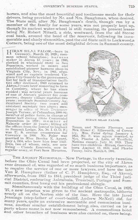 "Fifty Years and Over, Akron and Summit County", by Ex-Sherriff Samuel A. Lane, Page 715, discussing Hiram Silas Falor and his family.