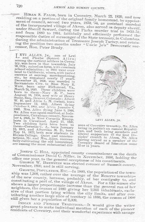 "Fifty Years and Over, Akron and Summit County", by Ex-Sherriff Samuel A. Lane, Page 720, discussing Levi Allen, Jr and a bit on Hiram Silas Falor.