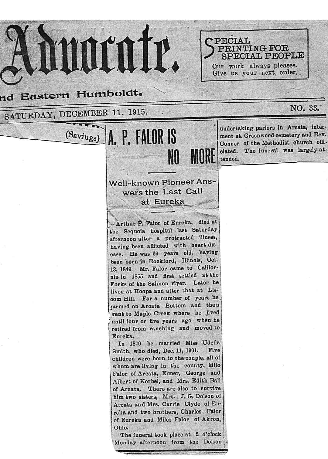 Arthur P. Falor's Obit, December 11, 1915 cut from Humboldt county Newspaper.