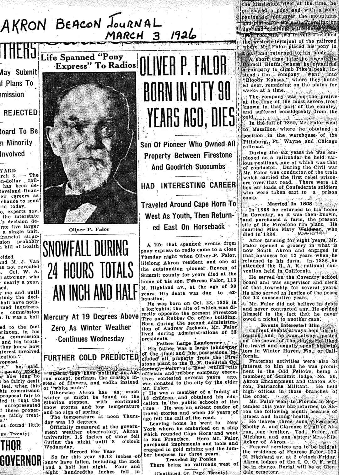 Oliver P. Falor dies, March 3 1926, an article cut from the Akron Beacon Journal.