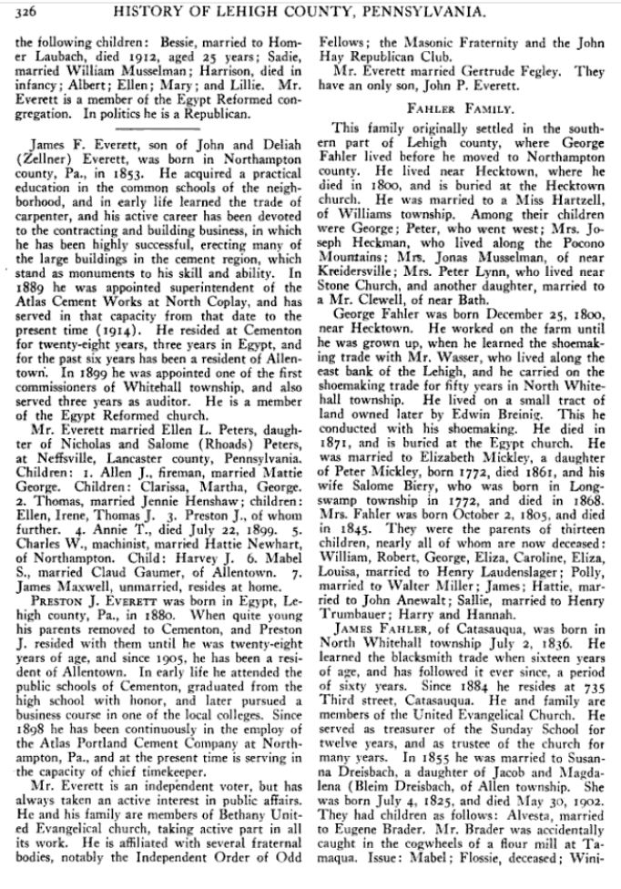 History of Lehigh County Pennsylvania and a Genealogical and Biographical Record of its Families" by Charles Rhoads Roberts, 1914, Vol II Page 326
http://books.google.com/books?id=mzQPAQAAMAAJ&vq=326&pg=PA326